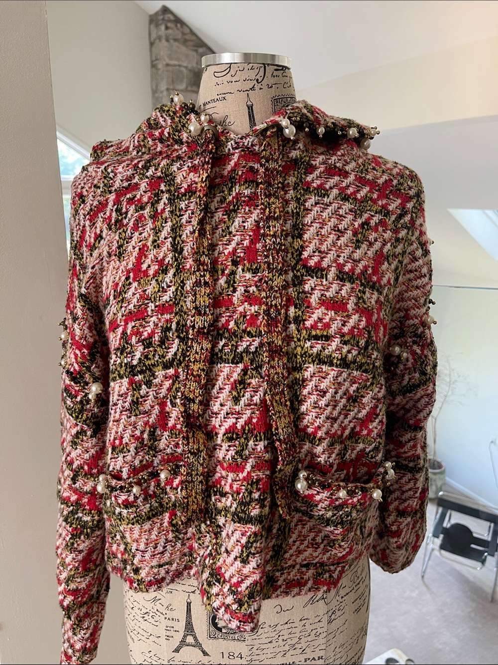 Zara Red, White & Green Tweed Pearl-Trim Hooded Jacket